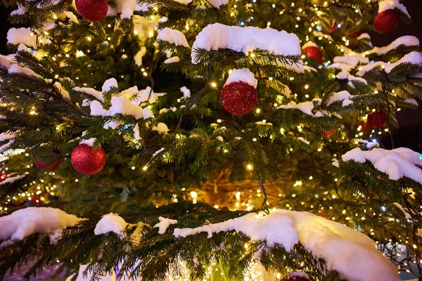 화식조의 크리스마스 트리를 장식하고 있습니다 나뭇가지에 반짝이는 있습니다 도시의 크리스마스 — 스톡 사진