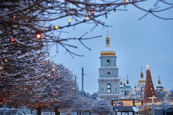 キエフの夜の屋外ライトとクリスマス ツリーです 背景にソフィア大聖堂 新年のお祝い — ストック写真