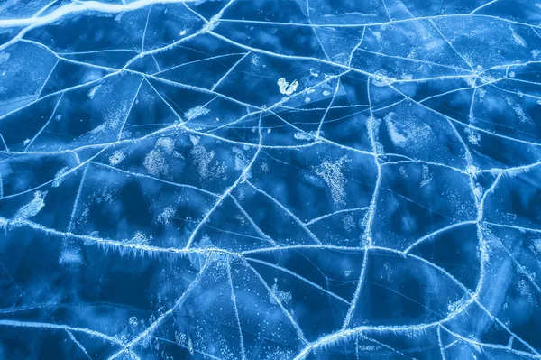 Gelo Num Rio Gelado Textura Fundo Gelo Azul Com Rachaduras — Fotografia de Stock