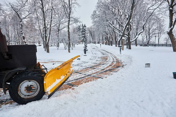 Трактор Удаления Снега Очищает Аллею Парке Трактор Удаления Снега Посыпать — стоковое фото