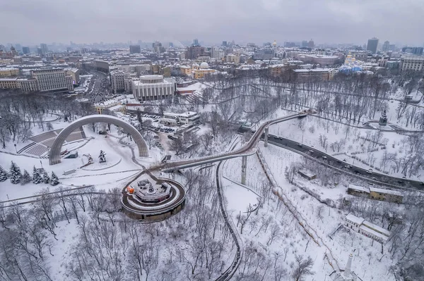 Aerial Drone View Glass Bridge Kiev Snowy Weather — Stock Photo, Image