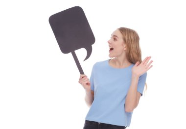 Wow. Surprised lady holding white empty board for advertisement and looking at camera with open mouth, isolated on white. Woman with blank advertisement placard, empty space for text
