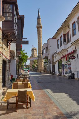 Antalya, Turkey - 02.05.2017: Old town Kaleici panoramic view with mosque minaret and Clock Tower. Antalya tourist resort