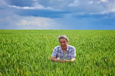 A Portrait of a happy farmer kneeling down in a wheat field with a beautiful landscape in the background