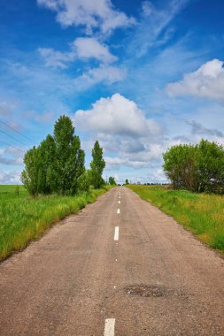 Güneşli yaz gününde kırsal kesimde asfalt yol manzarası