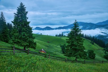 Sabah gökyüzü altında bulutlu görkemli dağlar. Fırtınadan önce bulutlu gökyüzü. Carpathian, Ukrayna, Avrupa.