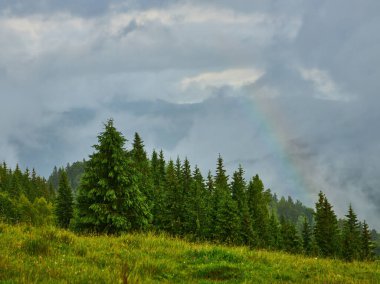 Sabah gökyüzü altında bulutlu görkemli dağlar. Fırtınadan önce bulutlu gökyüzü. Carpathian, Ukrayna, Avrupa.