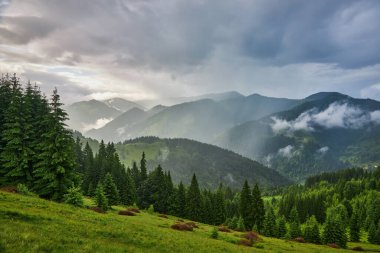 Dağlardaki yaz manzarası ve bulutlu koyu mavi gökyüzü.