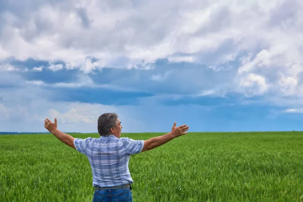 Portrait Happy Farmer Kneeling Wheat Field Beautiful Landscape Background — Stockfoto