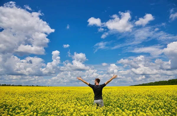 Attractive Man Arms Outstretched Handsome Young Man Standing Field Blooming — Stockfoto