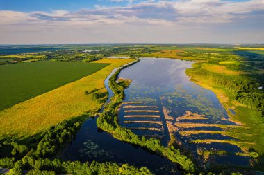 Geniş nehrin havadan manzarası yaz akşamları yeşil tarlalar arasında kırsal alanda sessizce akıyor.
