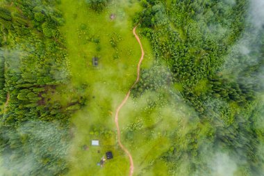 Yaz günü Karpatlar 'daki Dağ Köyü' nün havadan aşağı görüntüsü