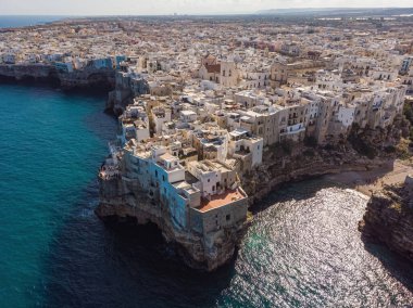 Aerial view of Polignano a Mare old town, a small city along the coast facing the Mediterranean Sea, Bari, Puglia, Italy.