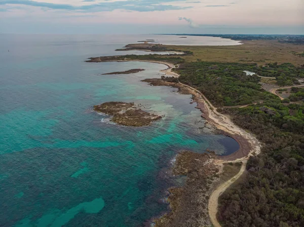 stock image Zenith view of the seacoast around Torre Guaceto in Puglia, Italy. The shot enhances the layers of the morphlogy of the ground and the colors of nature typical of this area.