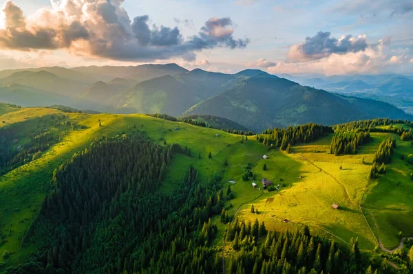 Aerial View Beautiful Mountain Forest Covered Fluffy Clouds Drone Photography — Stock Photo, Image