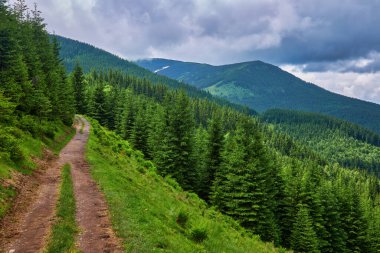 Dağlardaki yaz manzarası ve bulutlu koyu mavi gökyüzü.