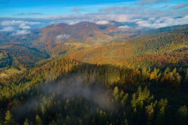 Yazın gün doğumunda bulutların içinde dağlar. Siste yeşil ağaçlar olan dağ zirvesinin havadan görünüşü. Yüksek kayalar, orman ve gökyüzü olan güzel bir manzara. Dağ vadisinin alçak bulutlu insansız hava aracı manzarası