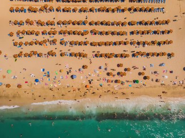 Drone aerial of beach umbrellas in the beach. Summer holidays in the sea