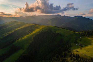 Sis dağ ormanını kaplıyor. Güneşin yükselen ışınları sisi delip geçer. Hava aracı görünümü.