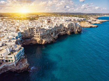 Aerial view of Polignano a Mare old town, a small city along the coast facing the Mediterranean Sea, Bari, Puglia, Italy.