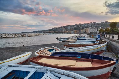 Row boats along the coast of Naples, Campania, Italy