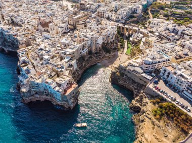 Aerial view of Polignano a Mare old town, a small city along the coast facing the Mediterranean Sea, Bari, Puglia, Italy.