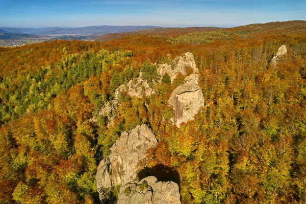 Vista Aérea Del Dron Sobre Hermoso Bosque Hayas Otoño Rocas — Foto de Stock