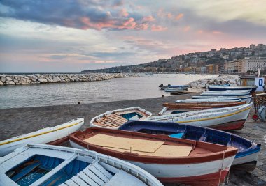 Row boats along the coast of Naples, Campania, Italy