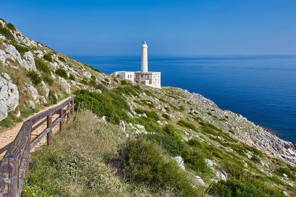 Lighthouse Cape Otranto Apulia Standing Hard Granite Rocks Most Easterly — Stock Photo, Image