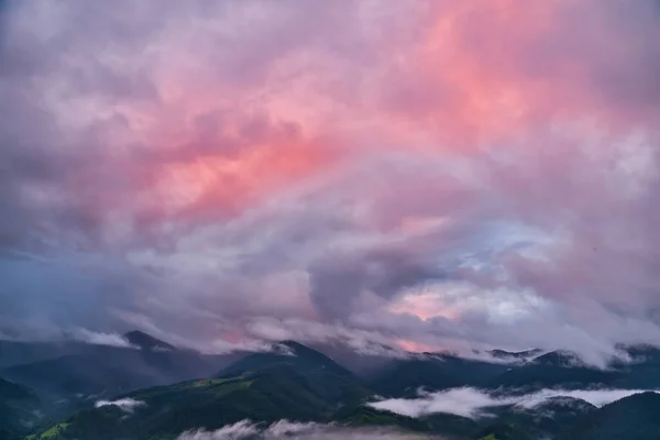 Mountains in low clouds at sunset in summer. view of mountain hills with green trees in fog and colorful sky with red clouds at dusk. Beautiful landscape. Top view of foggy woods. Nature