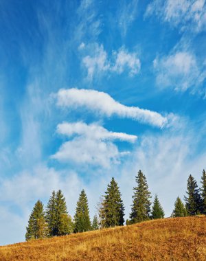 Dağlardaki yaz manzarası ve bulutlu koyu mavi gökyüzü.
