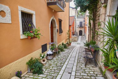 Buonalbergo 'nun karakteristik evleri arasında bir sokak, Benevento eyaletindeki dağlarda bir köy.