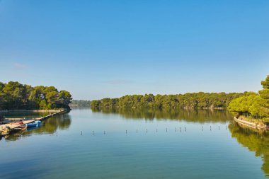 Apulia manzarası: İtalya 'nın Alimini Gölleri' nin korunan vahası. Alimini Grande 'nin havzası neredeyse tamamen kayalık bir şeritle çevrili, yoğun çam ağaçları ve Akdeniz çalılıklarıyla kaplı..
