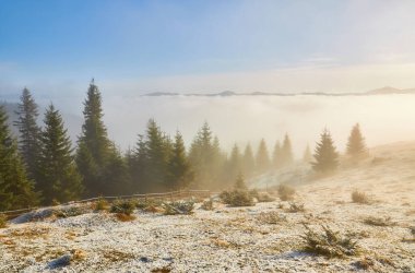 Dağlarda sakin bir gündoğumu, canlı sonbahar renkleri ve ilk kar yağışıyla. Sis uzak dağları sararken, kırsal bir ahşap çit uzaklara doğru uzanıyor. Huzurlu sahne mevsimin özünü ve güzelliğini yakalar. 