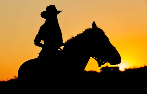 骑马的女人骑着飞奔的马 地平线上升起了红色的太阳 美丽多彩的日落头背景 配以马和女孩的轮廓 — 图库照片