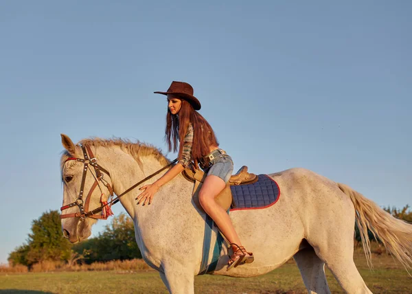 美丽的年轻女子 头戴牛仔帽 自然是一匹棕色的马 — 图库照片