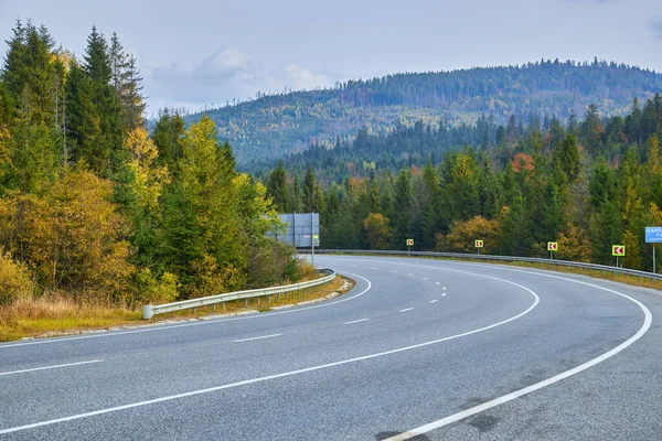 Embark Picturesque Journey Asphalted Old Road Winds Mesmerizing Yellow Autumn — Stock Photo, Image