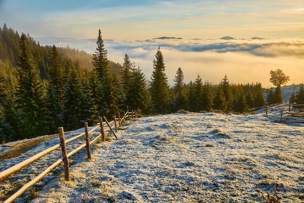 Спокойный Восход Солнца Горах Яркие Осенние Цвета Первый Снегопад Деревянный — стоковое фото
