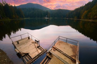 Sonbaharda Karpat Dağları 'nın güzelliği. Büyüleyici Synevir Gölü çevreleyen yeşilliklerin canlı renklerini yansıtır.. 