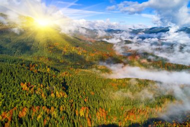 Sonbaharda Ukrayna 'da gündoğumunda dağların havadan görünüşü. Dağ yolu, orman, tepelerdeki evler, güneş ışığı, sonbaharda gökyüzü.... 