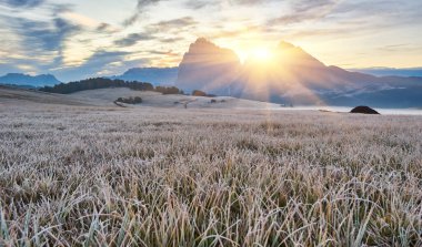 Sunrise at Alpe di Siusi in the Dolomites, autumn