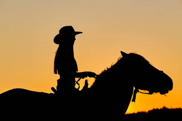 Cowboy Sziluettje Egy Lovat Szép Naplemente Alatt Sziluettjét Lány — Stock Fotó
