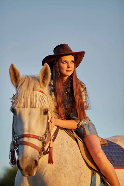 Schönes Mädchen Reitet Auf Einem Pferd Vor Blauem Himmel — Stockfoto