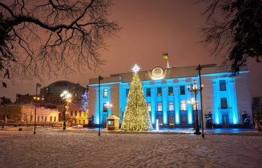 Karlı gecelerde süslemeleri ve aydınlatmaları olan büyük, güzel bir Noel Ağacı. Yılbaşı ve Noel tatili geçmişi. Şenlikli kış şehri manzarası.