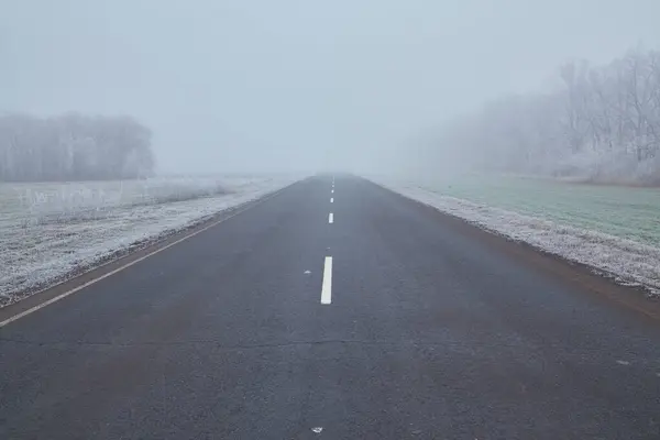 冬の朝から 白い霜に覆われた木の上に霧が漂う 良いアスファルト道路は距離につながり 霧の中に消えます ストック写真