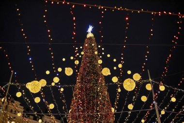 Kyiv 'de Noel ağacı ve gece ışıkları.