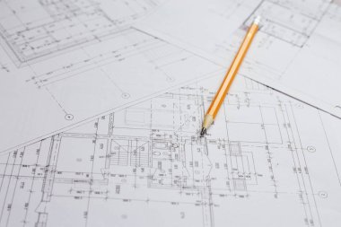 Mimari planlar. İnşaat alanı, kalem ve planlar..