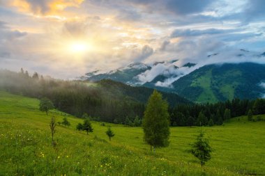 Sabah gökyüzü altında bulutlu görkemli dağlar. Fırtınadan önce bulutlu gökyüzü. Carpathian, Ukrayna, Avrupa.