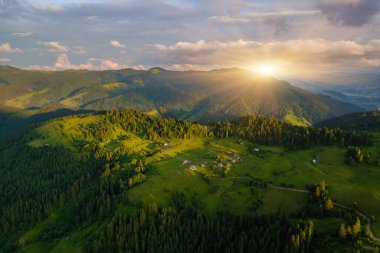 Tüylü bulutlarla kaplı güzel dağ ormanlarının hava manzarası. Drone fotoğrafçılığı