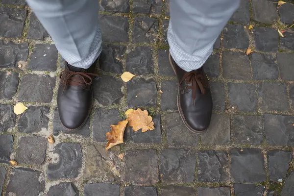 men's shoes, shoes for the groom, boots and trousers, the man stands on the paving slab, on the ground